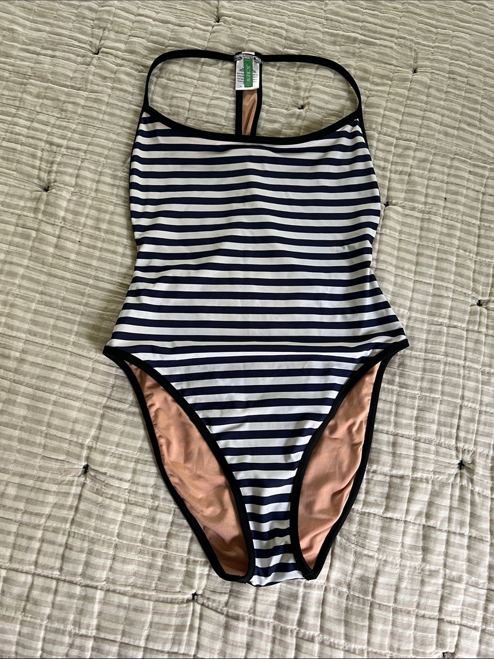 J. Crew Navy and White Striped One-Piece Swimsuit with Black Trim